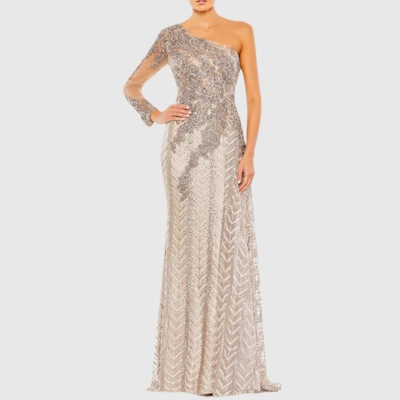 Mac Duggal 20401 Size 8 Beige Beaded Embellished One Shoulder A Line Gown Dress - Picture 3 of 15